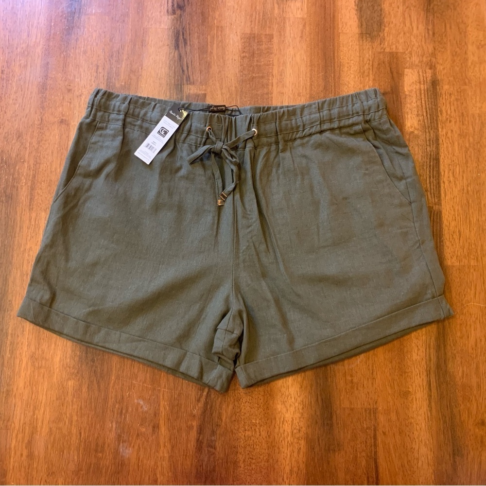 Charlie Paige NWT XL Olive Green Women's Shorts Linen Blend Pockets Tie Waist